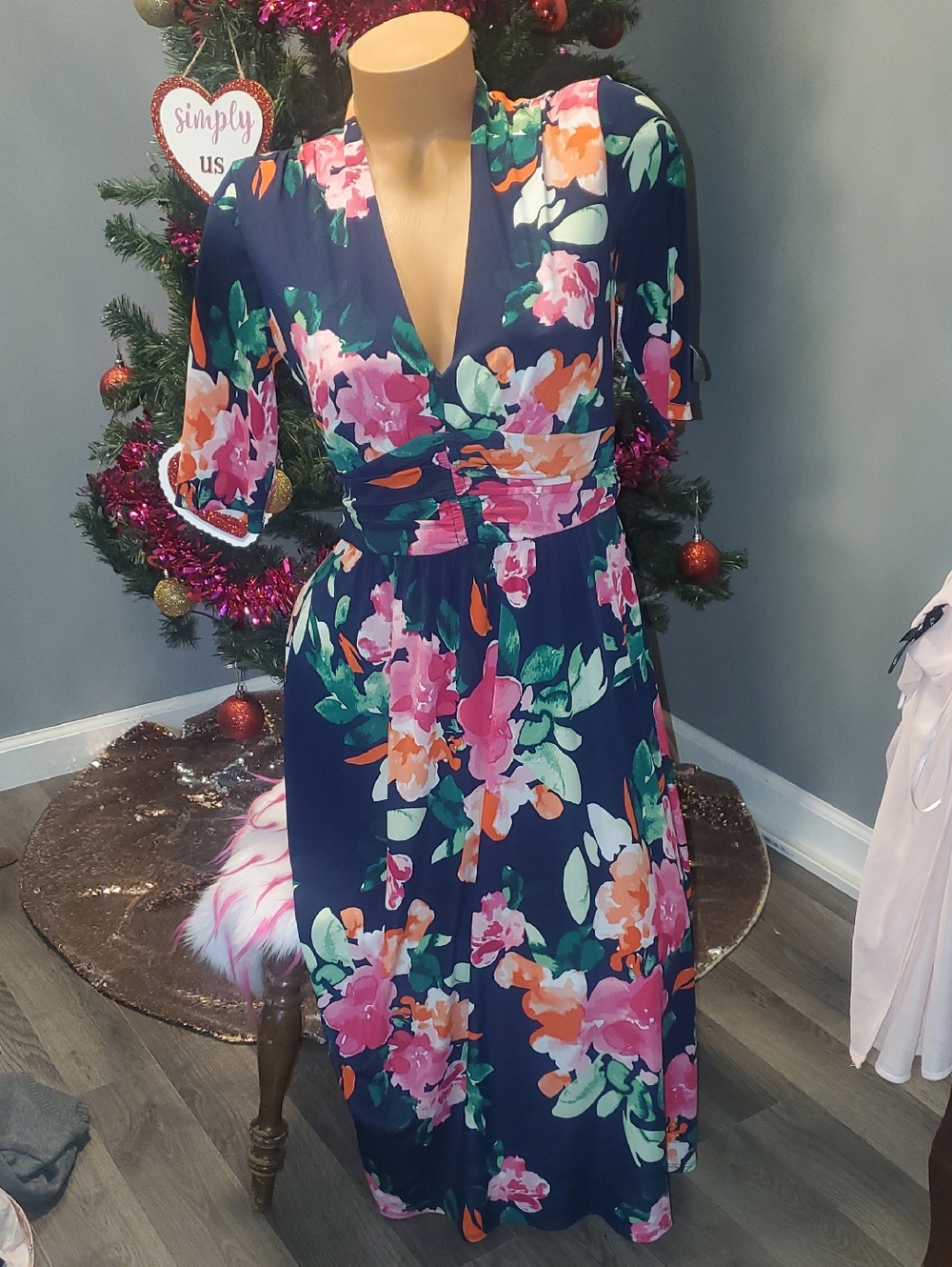Vince Camuto Navy Floral Wrap Midi Dress